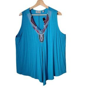 Avenue Women's Blue Embellished Embroidered Sleeveless Asymmetrical Top Blouse